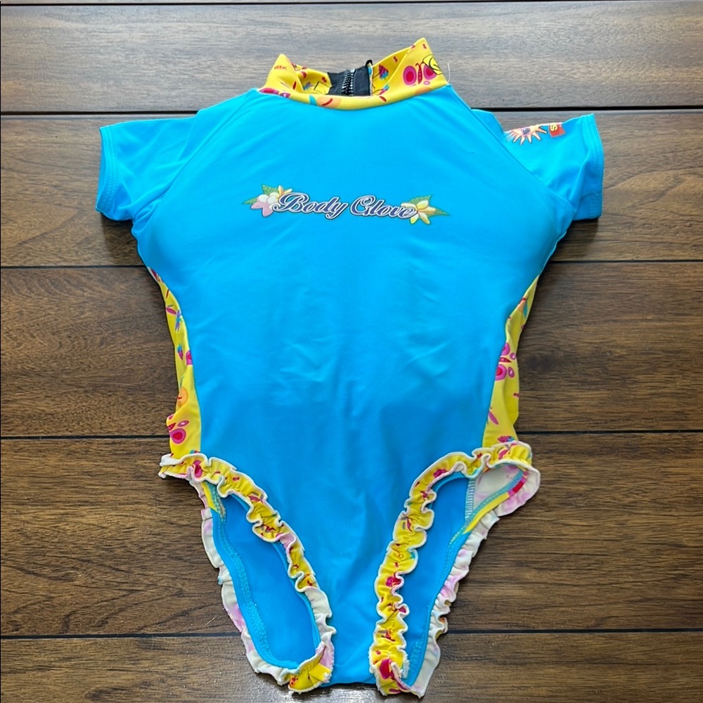 Body Glove Blue and Yellow Floral Ruffle Trim One-Piece Swim with Inserts